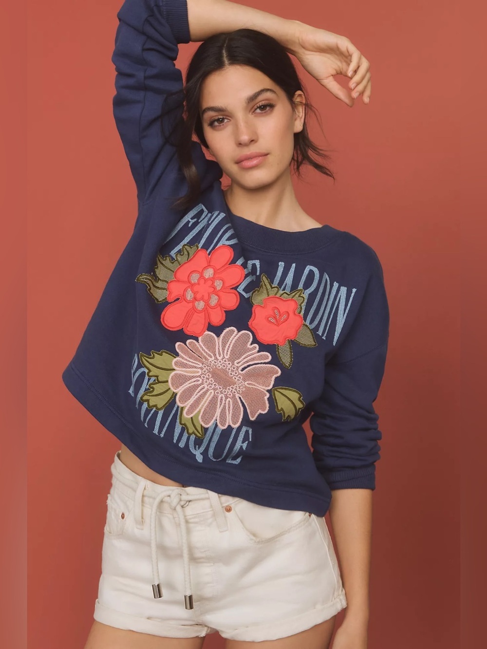 Anthropologie Sweatshirt Womens XS Fleur De Jardin Floral Appliqué Crewneck New